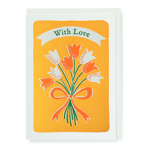 Greeting card with a bouquet of tulips and text that says "With Love".